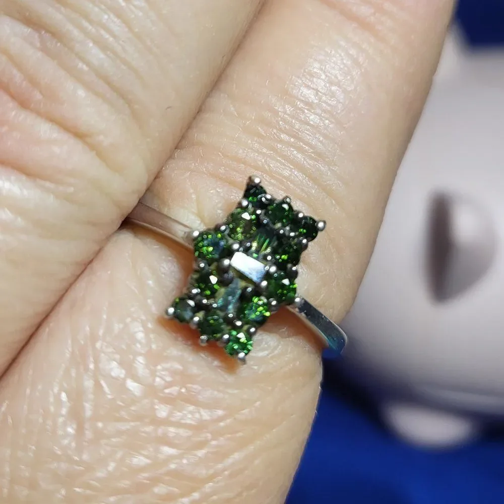 Green Diamond Small Elongated Cluster Sterling Silver Ring